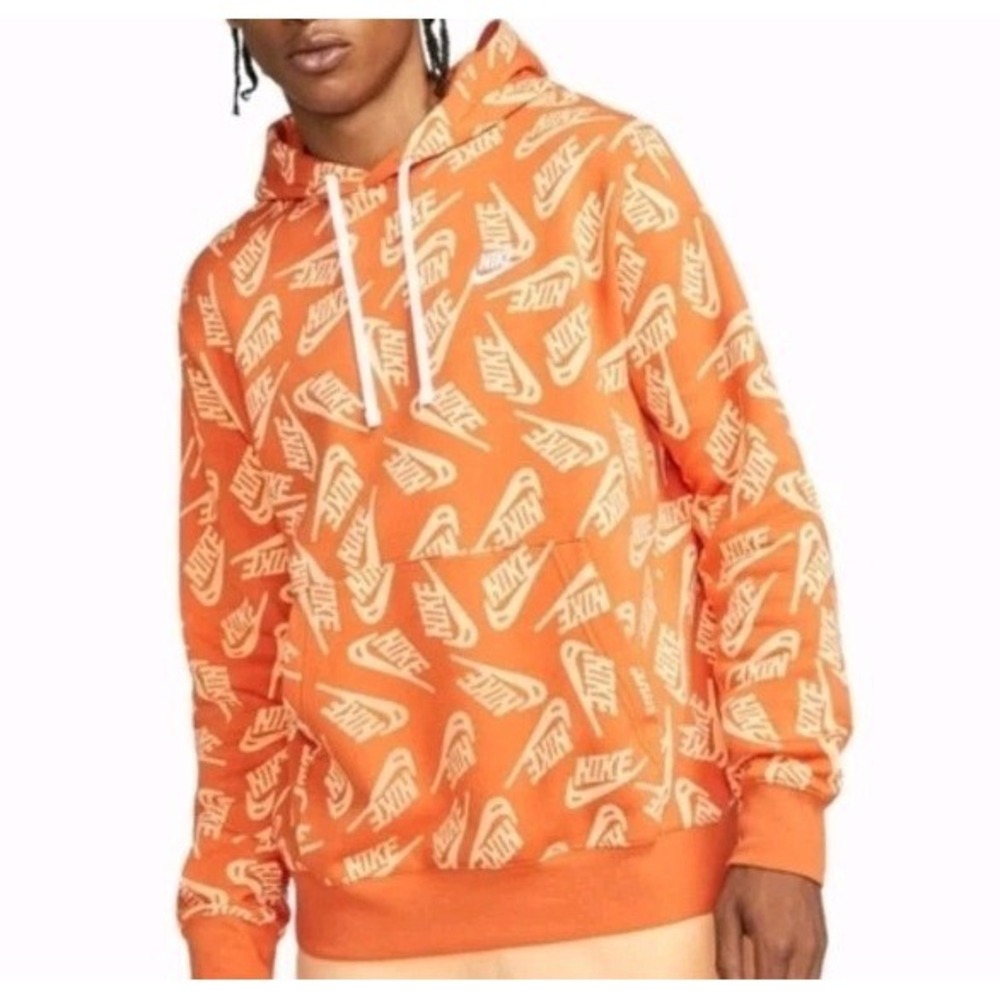 Nike Hoodie Pullover Sweatshirt Men's Size XXL 2XL Orange All Over Print‎ Swoosh